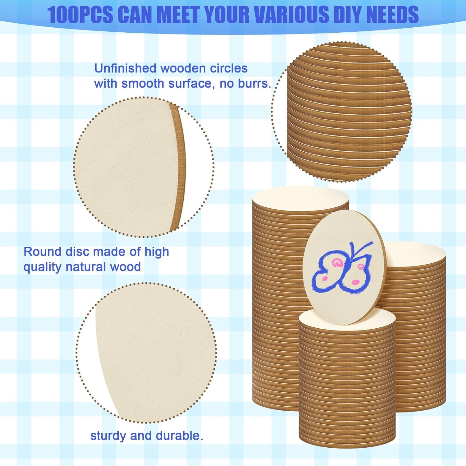 Unfinished wooden circles with smooth surface, no burrs, on a blue checkered background.