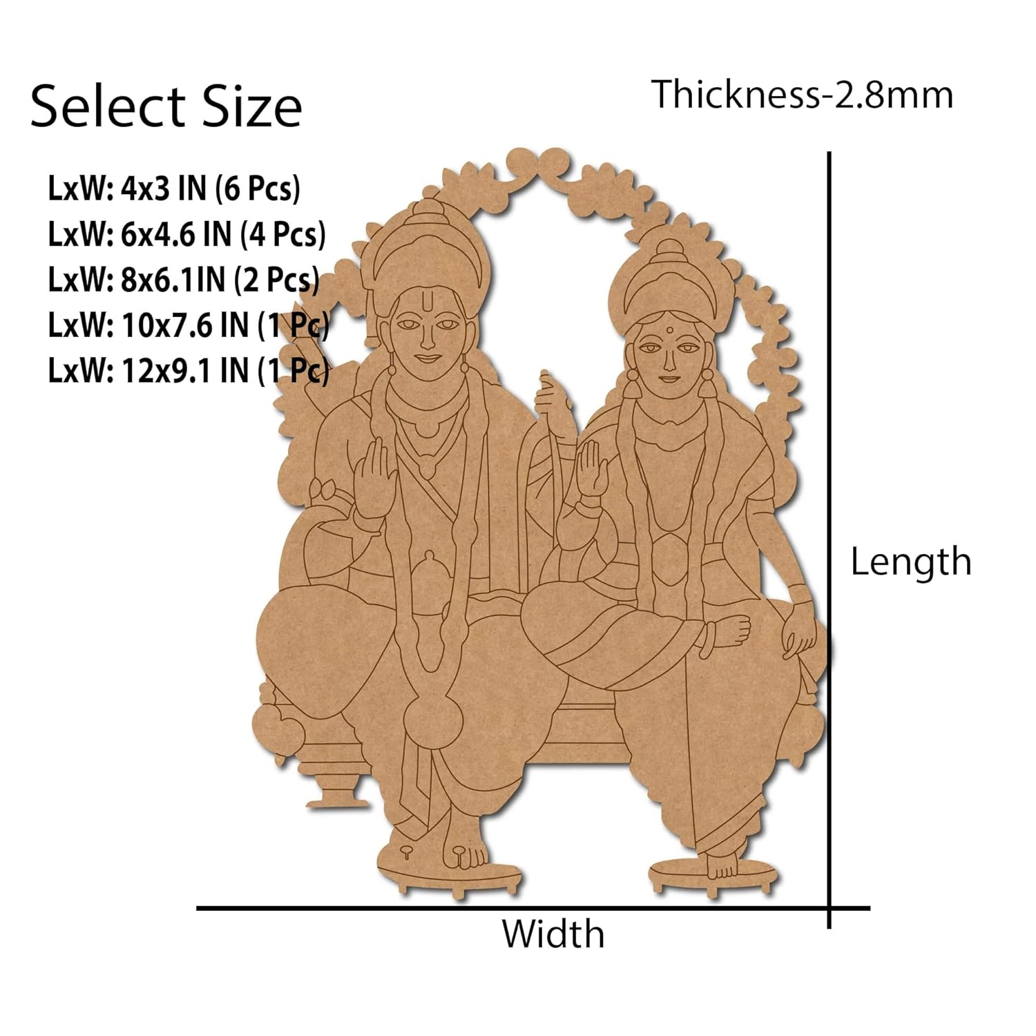 Wooden cutout of two seated figures with dimensions and thickness details on a white background