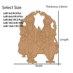 Wooden cutout of two seated figures with dimensions and thickness details on a white background