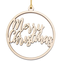 Gold 'Merry Christmas' ornament on a white background