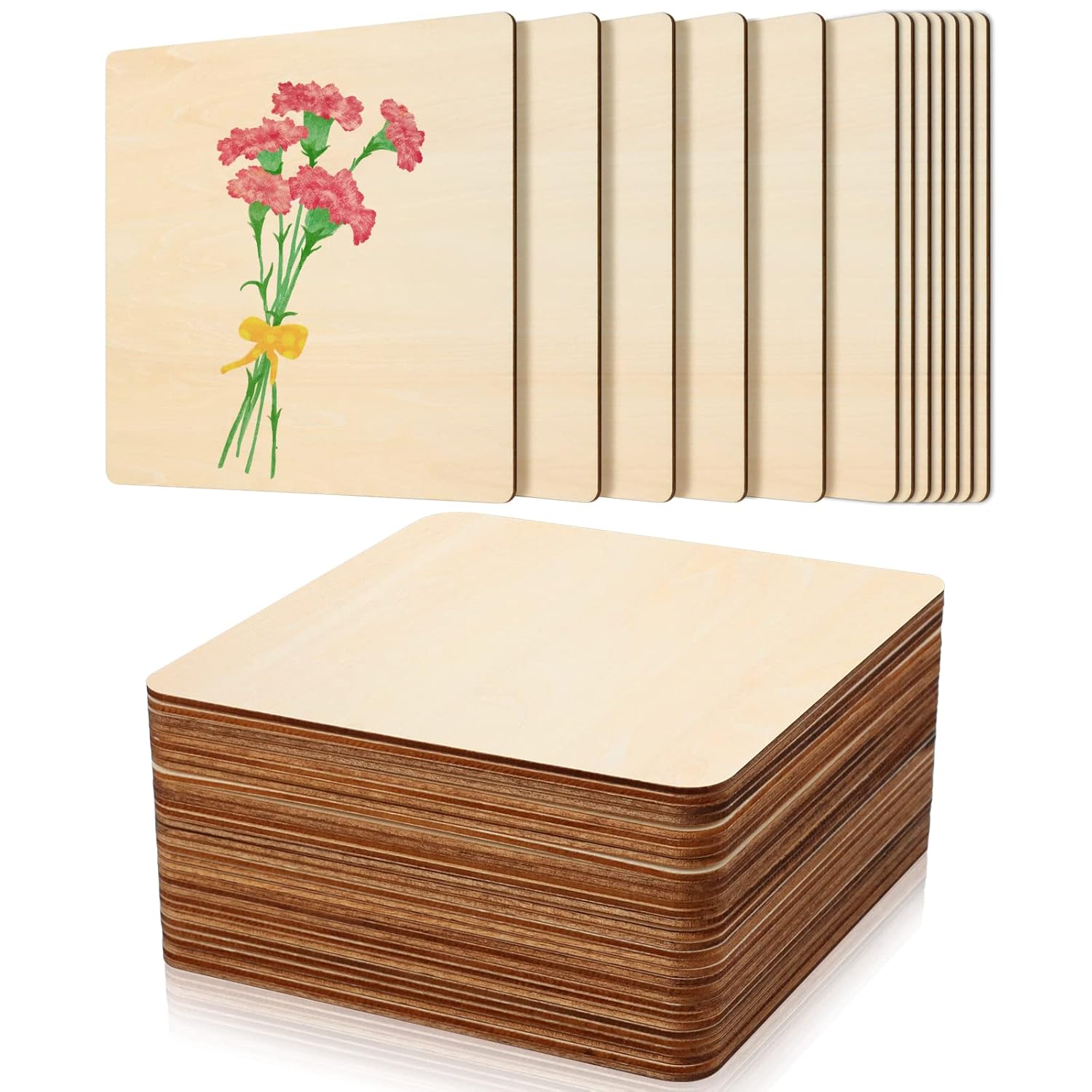 Stack of wooden coasters with floral design on a white background