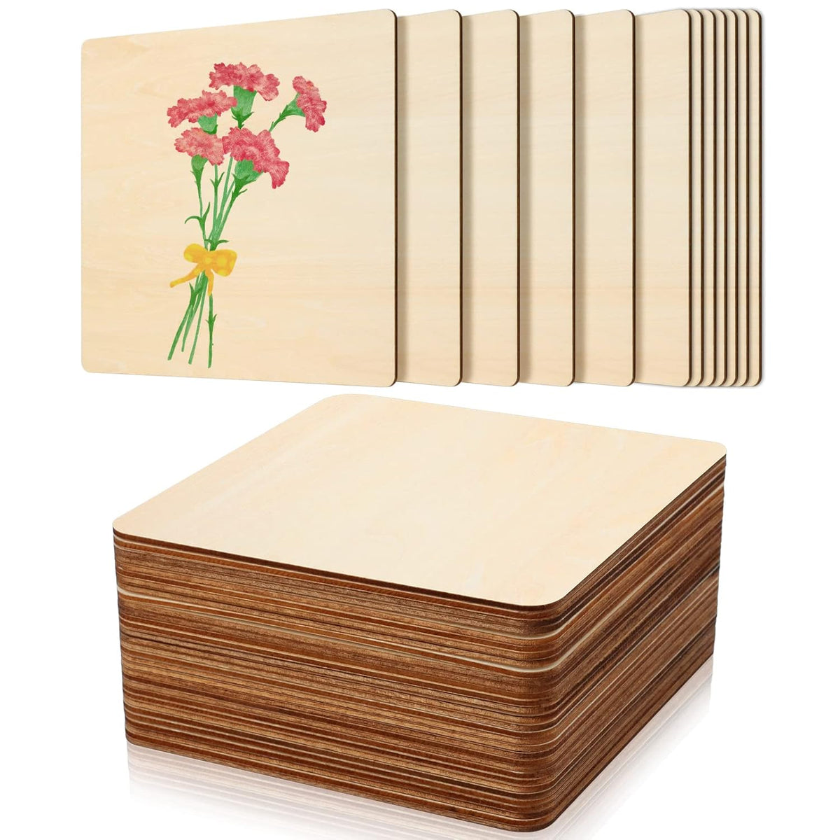 Stack of wooden coasters with floral design on a white background