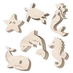 Set of wooden sea creature puzzles on a white background