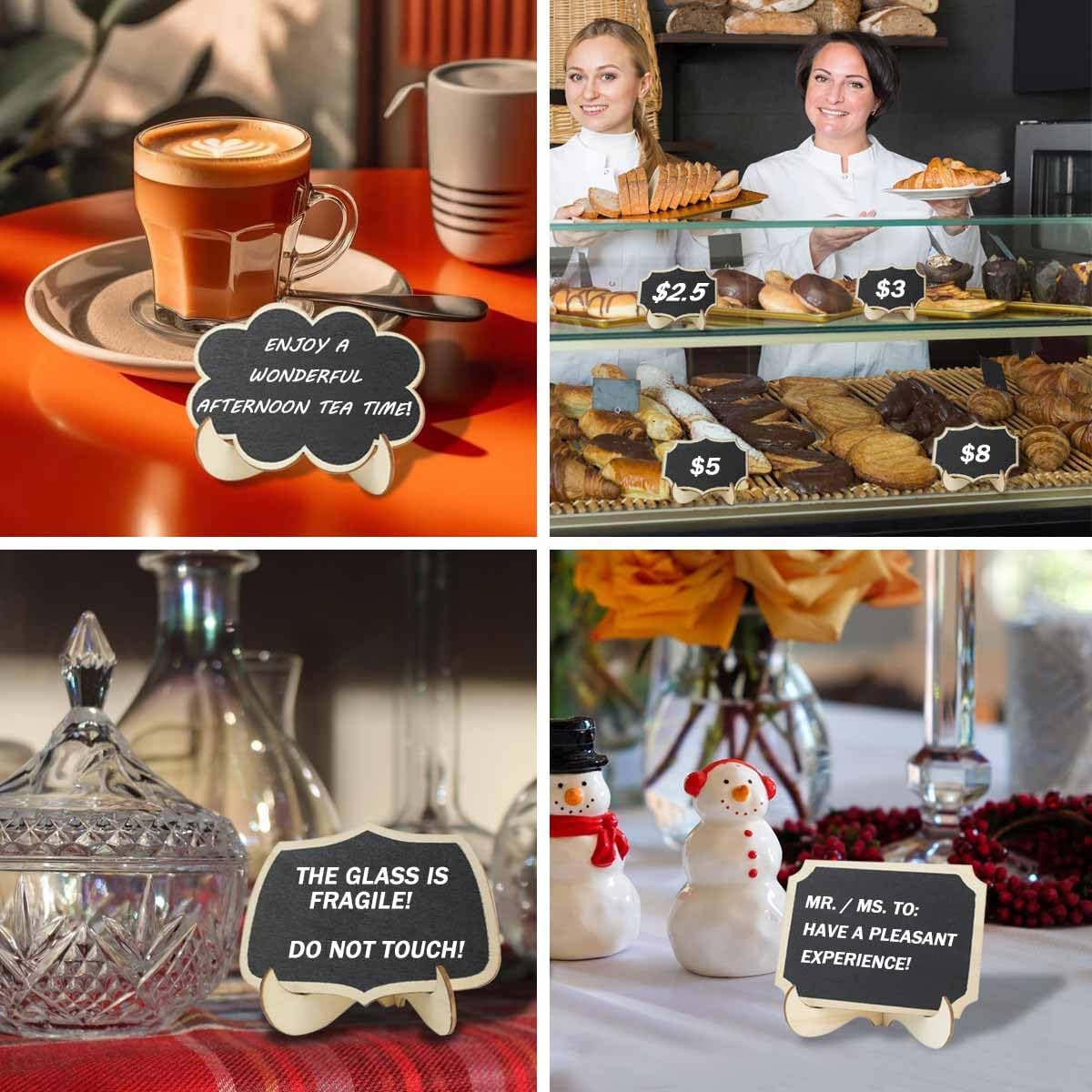 Collage of a coffee cup, bakery display, glass with 'The Glass is Fragile' sign, and snowman decorations.