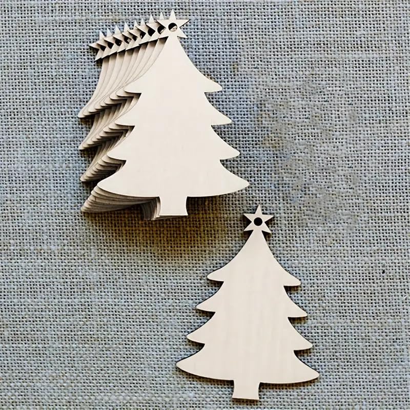 Two wooden Christmas tree ornaments on a textured gray background