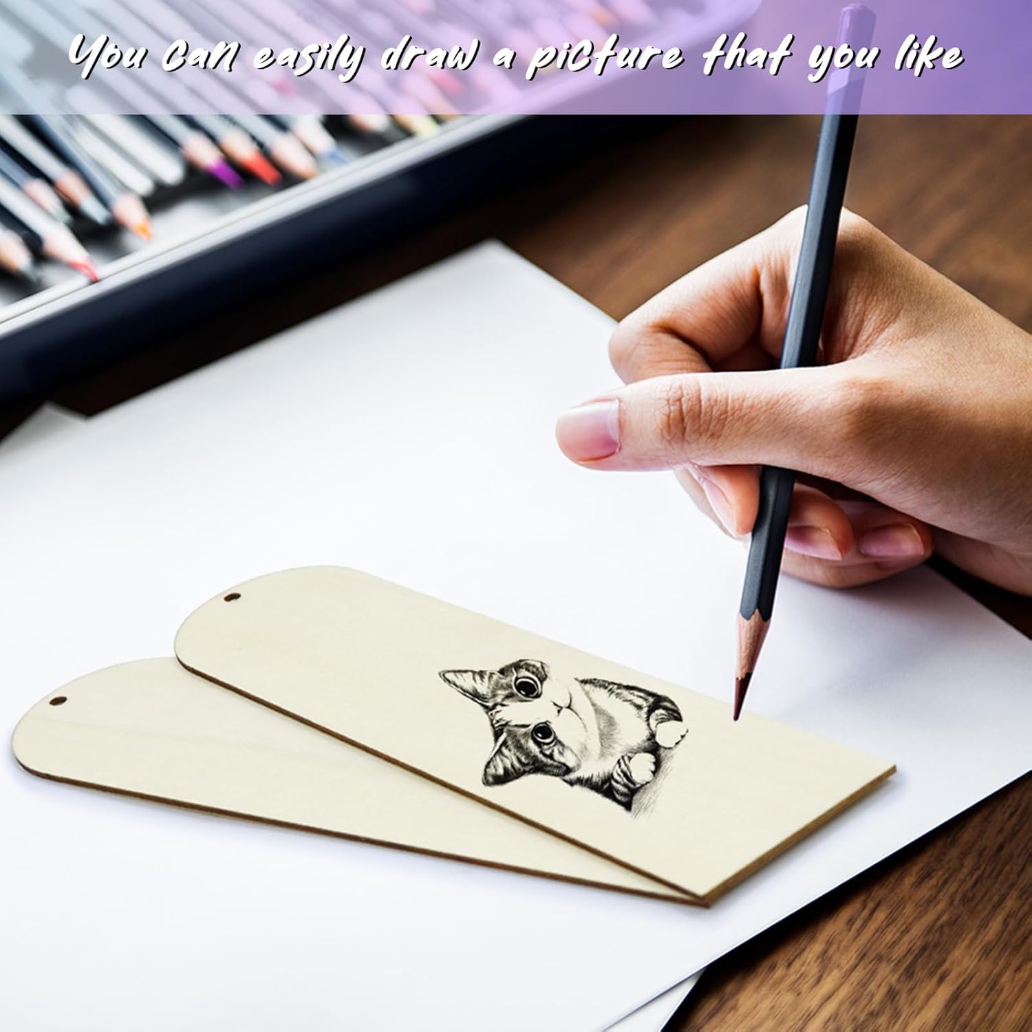 Hand holding a pencil near a drawing of a cat on a wooden board with text overlay.