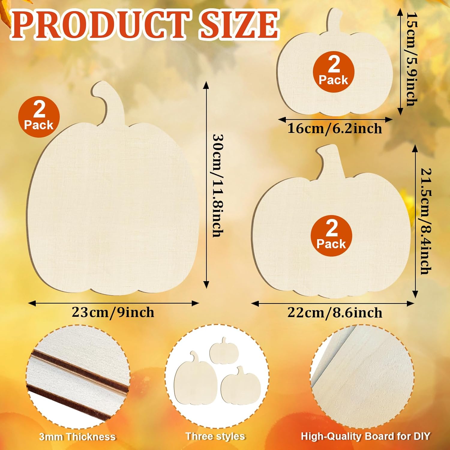 Product size chart for wooden pumpkin-shaped cutouts with dimensions and thickness details.