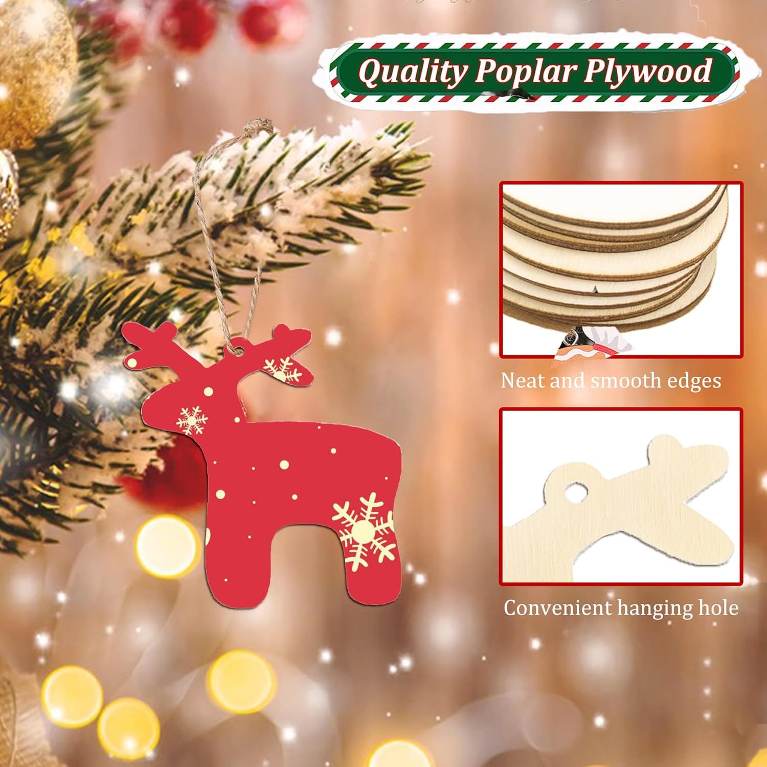Red reindeer-shaped wooden ornament with snowflake details on a Christmas tree background, featuring text about quality poplar plywood.