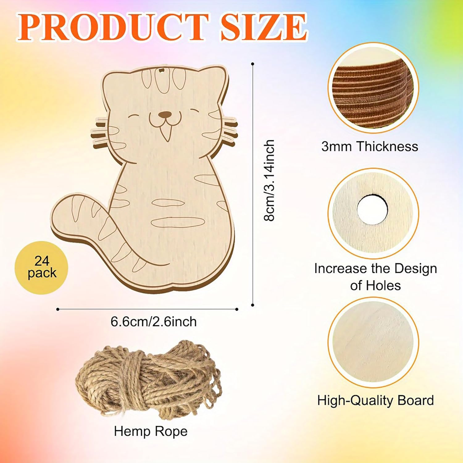 Wooden cat-shaped toy with measurements and product details on a gradient background