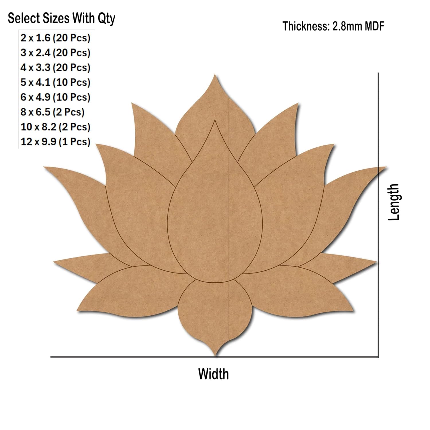 Cardboard flower shape with dimensions and thickness details on a white background