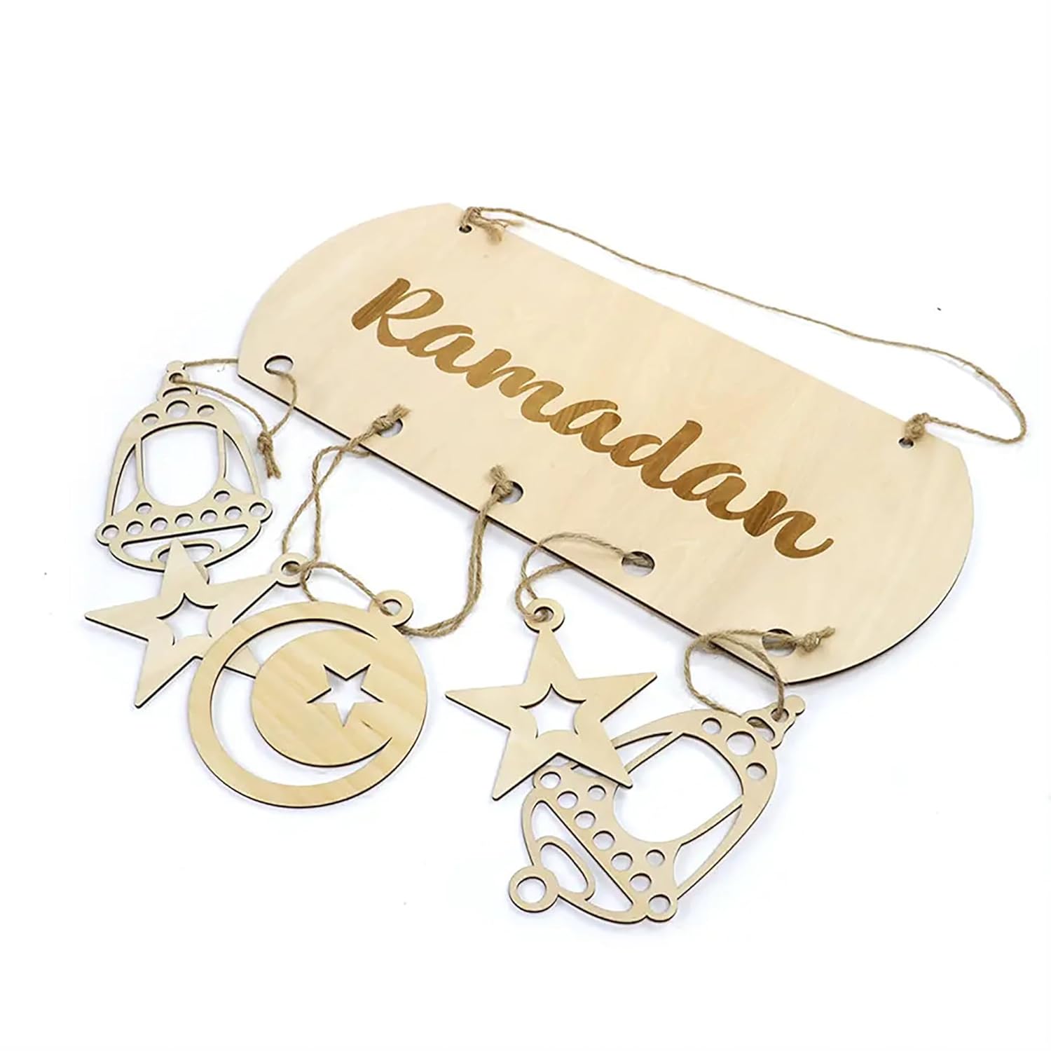 Decorative hanging items with 'Ramadan' sign on a white background