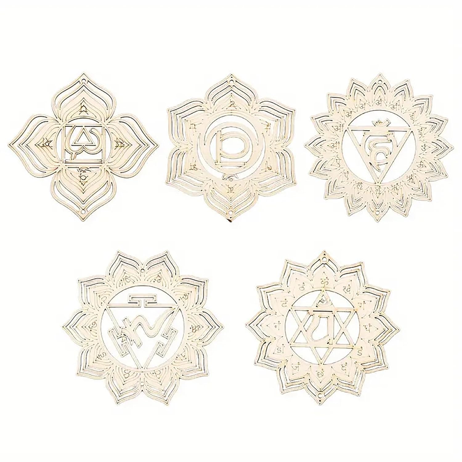 Set of five white mandala designs with symbols on a white background