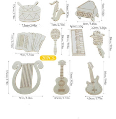 Set of 20 wooden musical instrument-shaped toys with dimensions displayed.