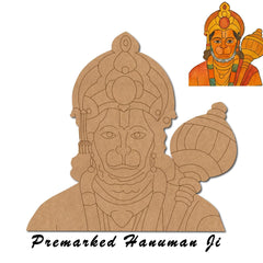 Cardboard cutout of a deity with 'Premarked Hanuman Ji' text, featuring a small inset image of a similar figure.