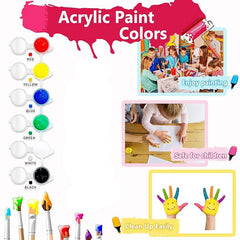 Acrylic paint set with color swatches, brushes, and children painting images.