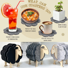 Sheep-shaped coasters with various uses displayed on a beige background