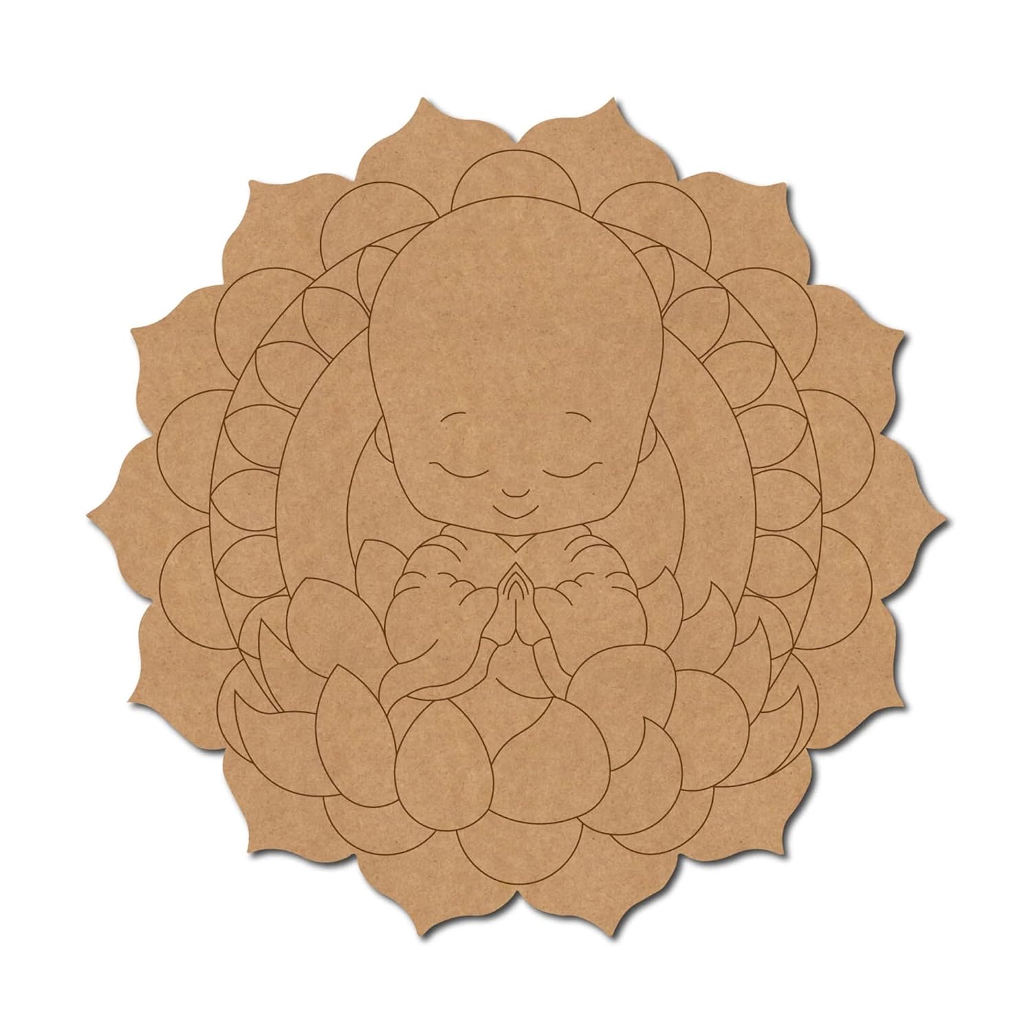 Cardboard cutout of a baby with lotus flowers in a mandala pattern on a white background