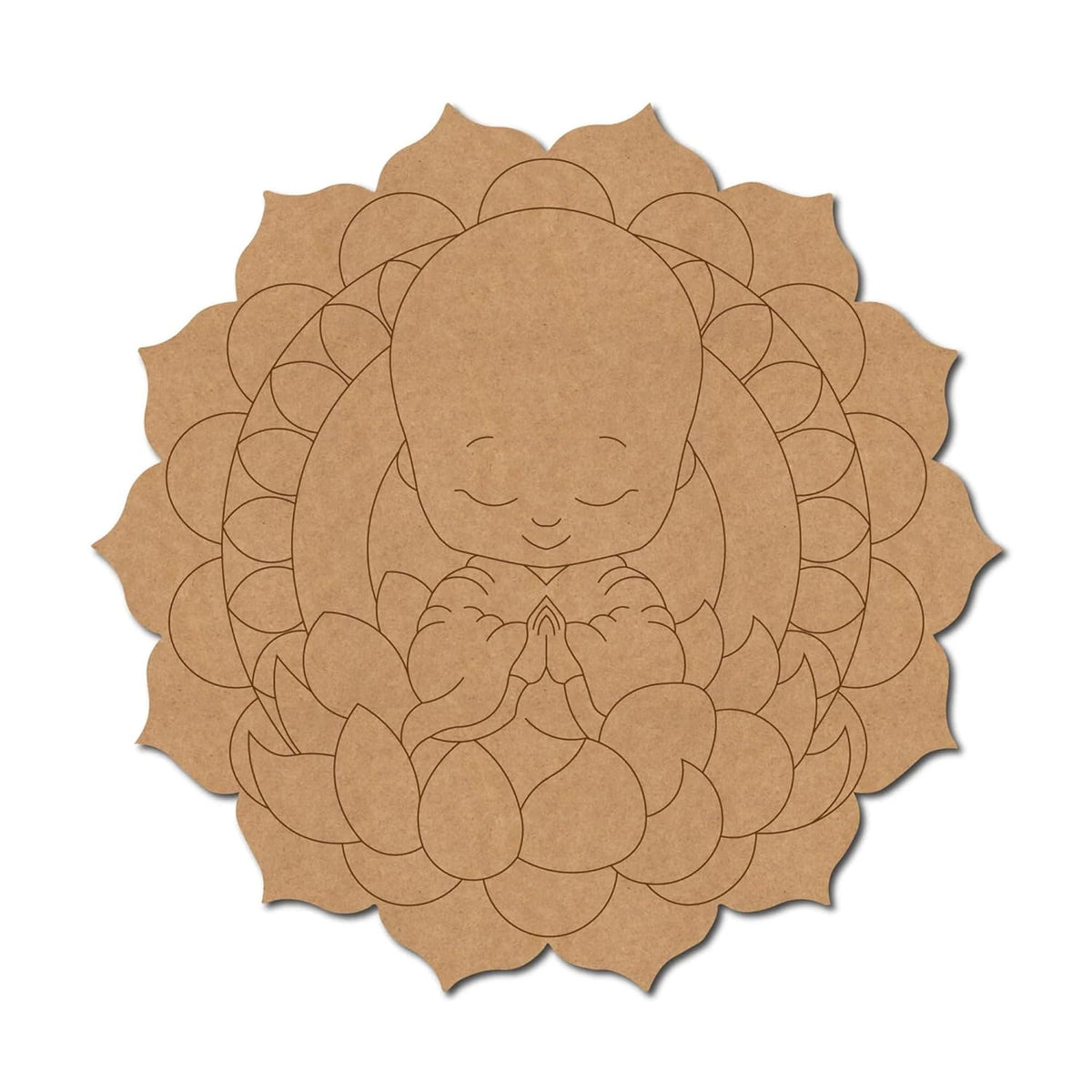 Cardboard cutout of a baby with lotus flowers in a mandala pattern on a white background