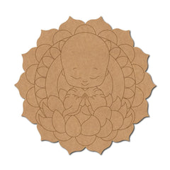 Cardboard cutout of a baby with lotus flowers in a mandala pattern on a white background