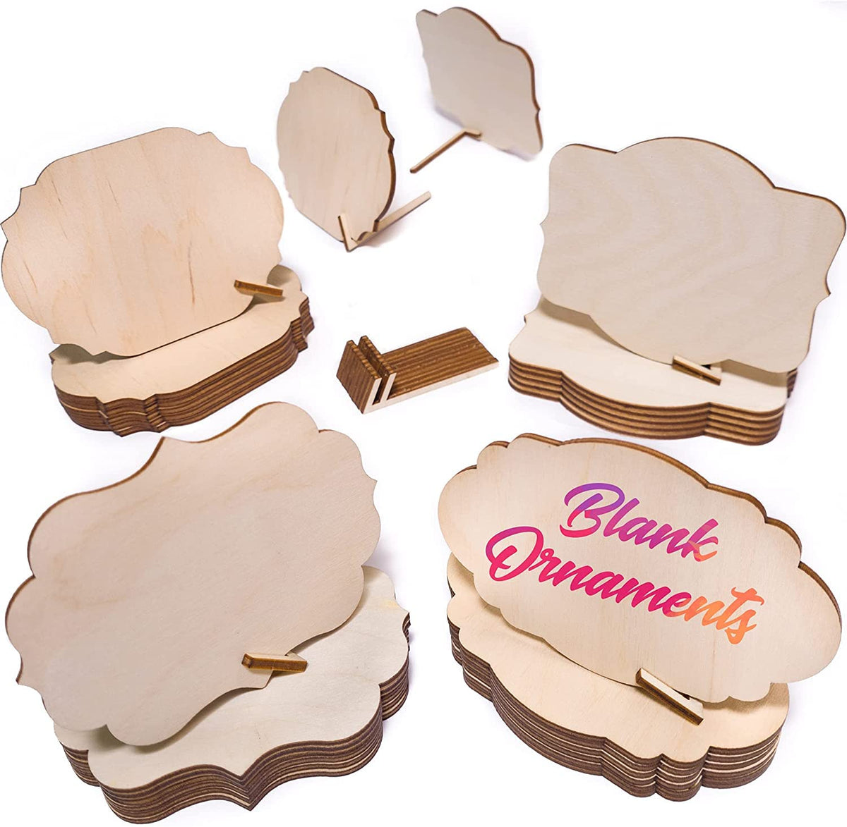 Stacks of wooden ornaments with 'Blank Ornaments' text on a white background