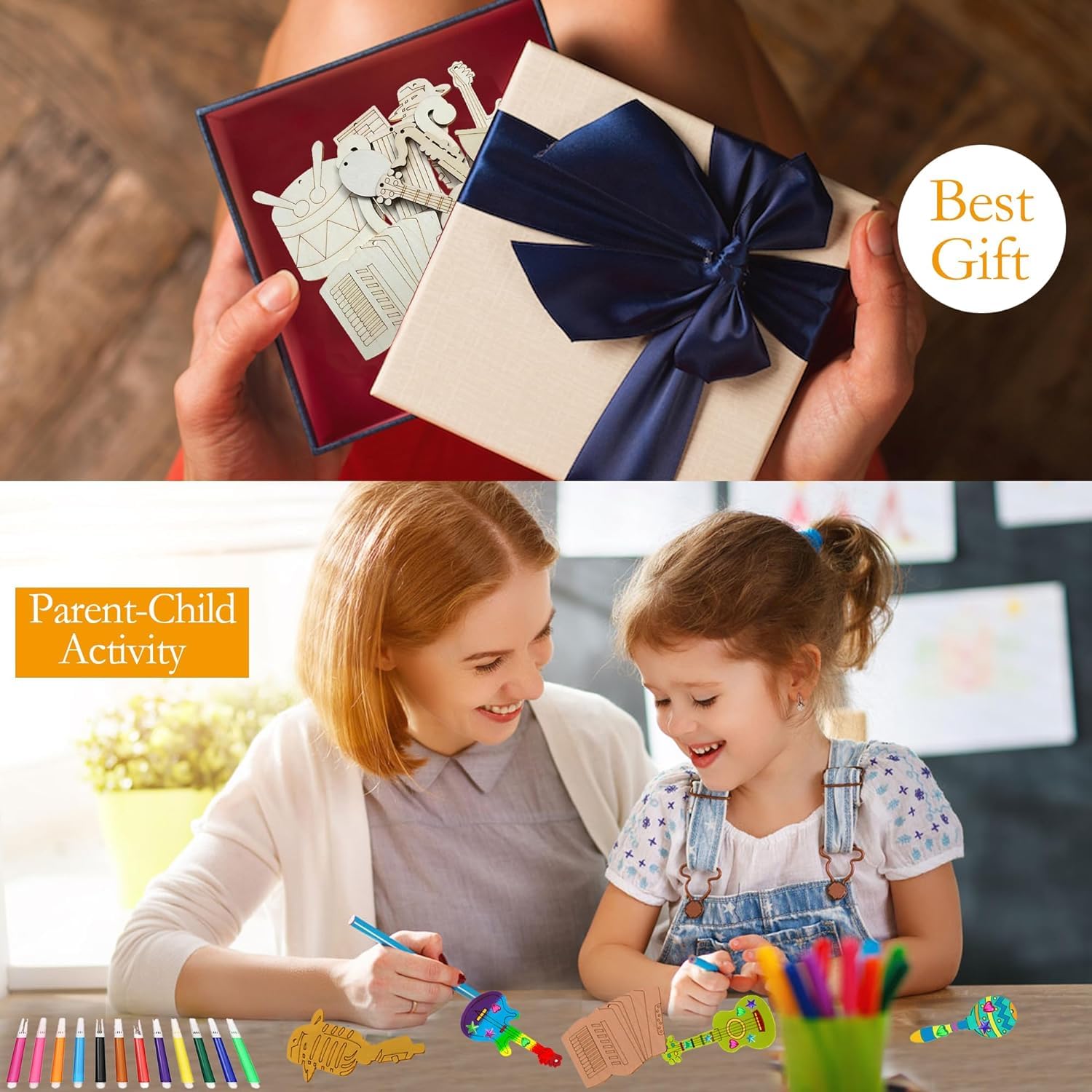 Top image shows a gift with a blue ribbon, bottom image shows a mother and daughter engaged in an activity.