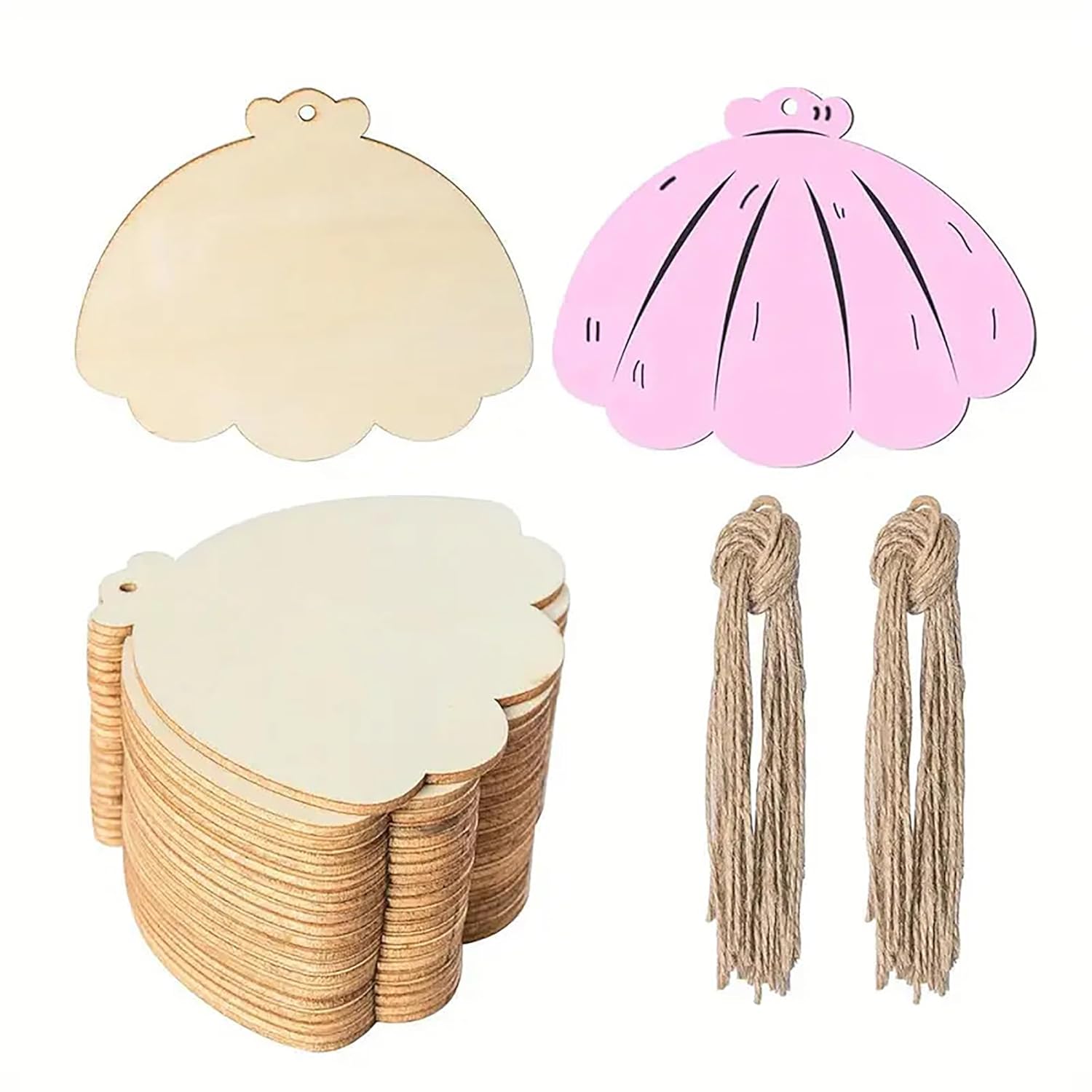Set of shell-shaped wooden tags with pink and beige colors, and strings for hanging on a white background.