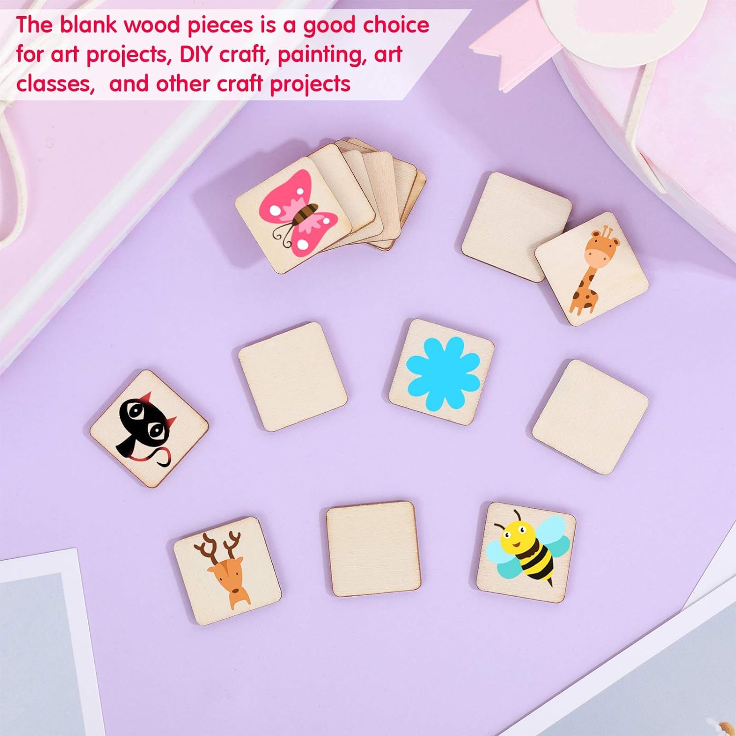 Wooden square pieces with animal illustrations on a purple surface
