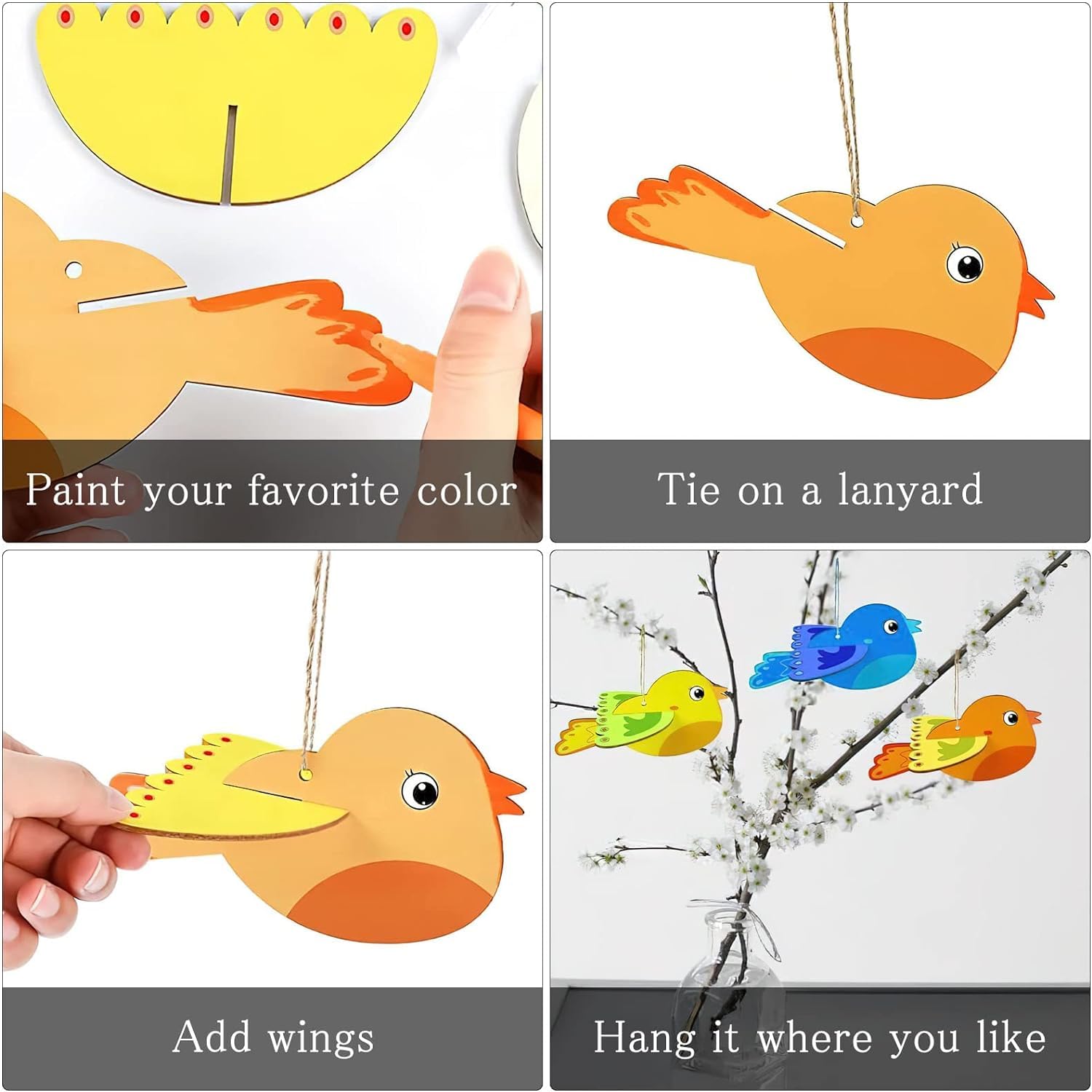 Collage of bird-shaped decorations with instructions on customization and use.