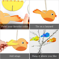 Collage of bird-shaped decorations with instructions on customization and use.