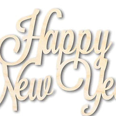 Wooden decorative sign with 'Happy New Year' text on a white background
