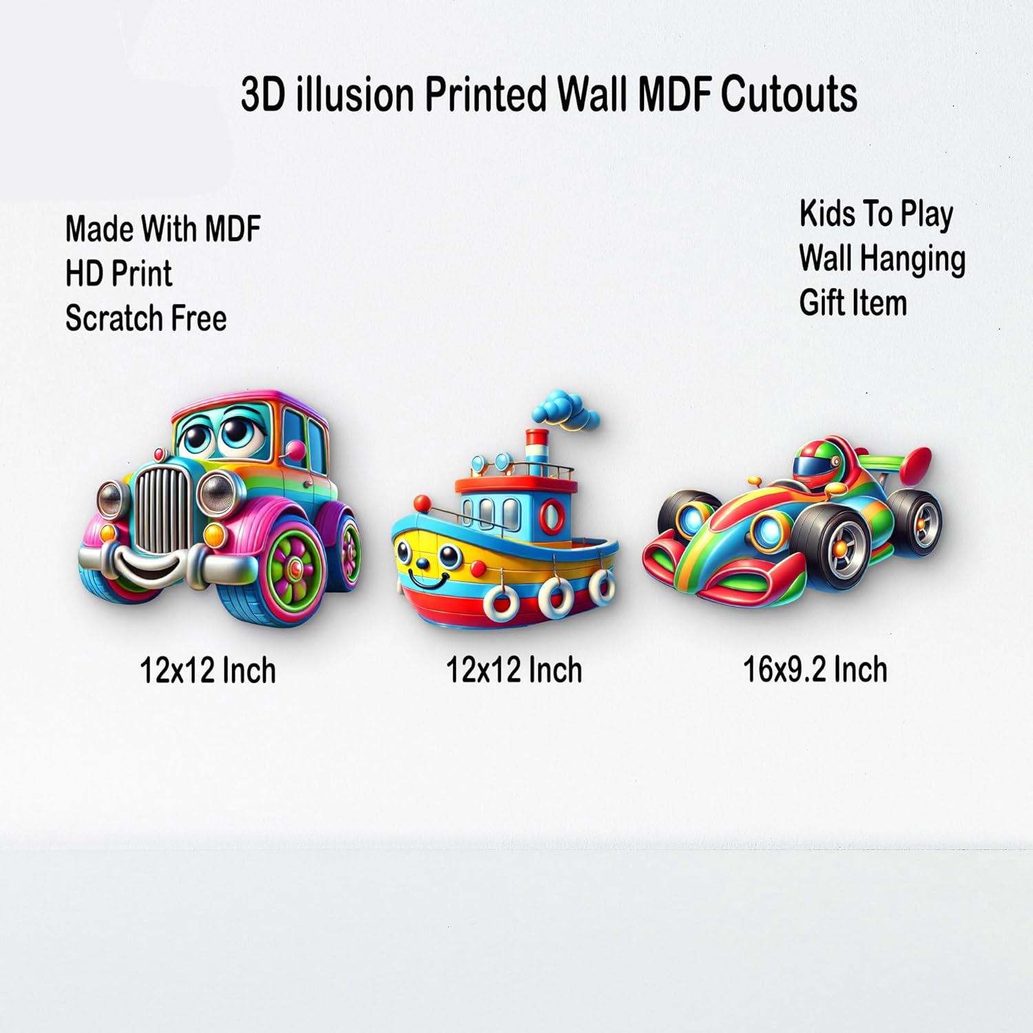 3D illusion printed wall MDF cutouts of a car, boat, and race car with dimensions and features listed.