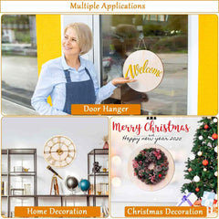 Woman holding a 'Welcome' door hanger with Christmas decorations and home decor items displayed.