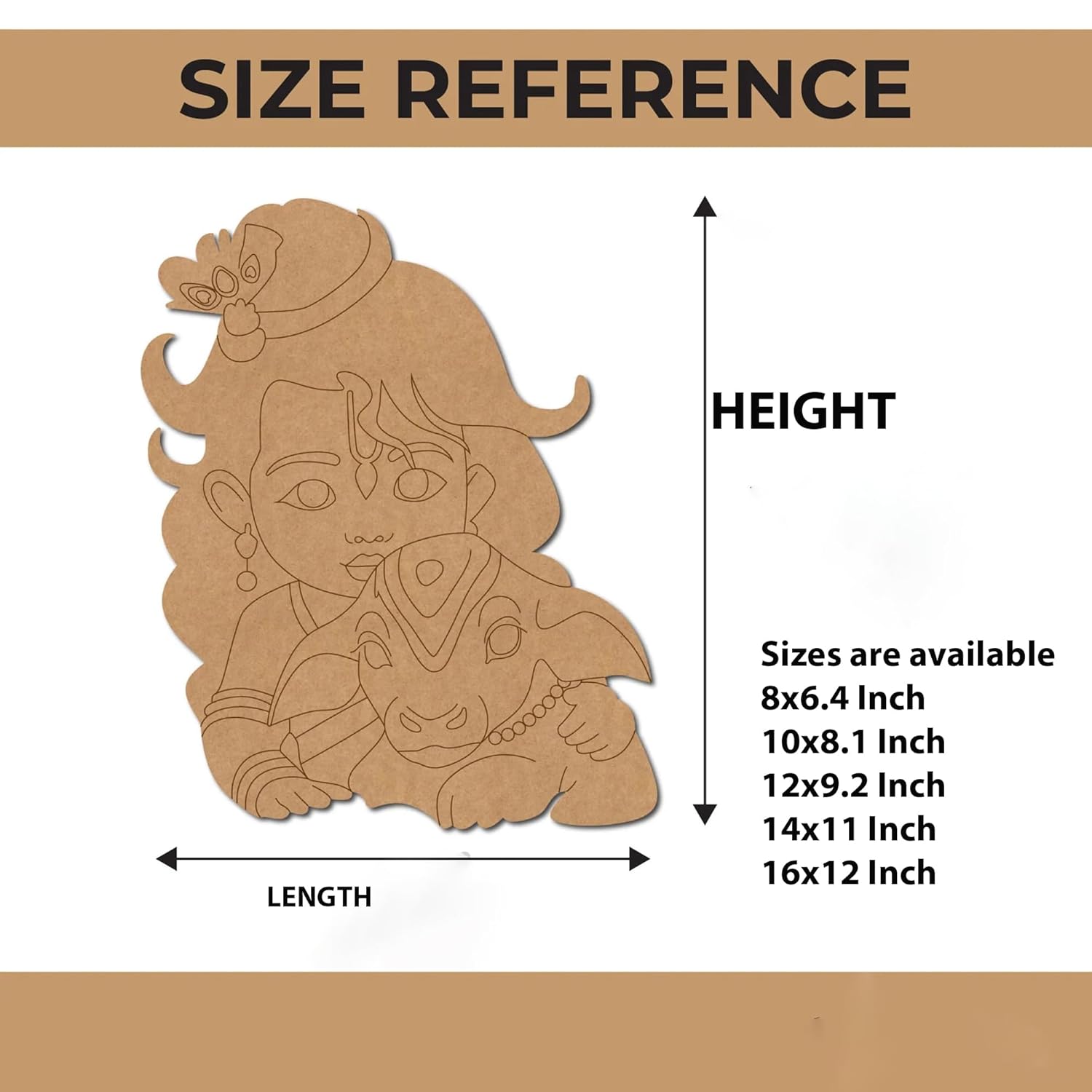 Size reference chart for a decorative item with dimensions listed.