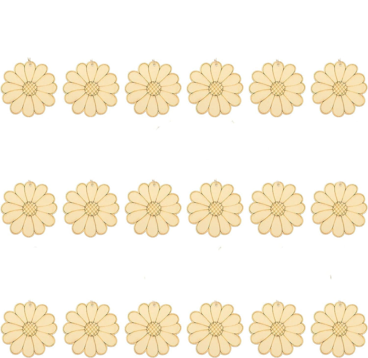 Set of 18 beige flower-shaped earrings on a white background