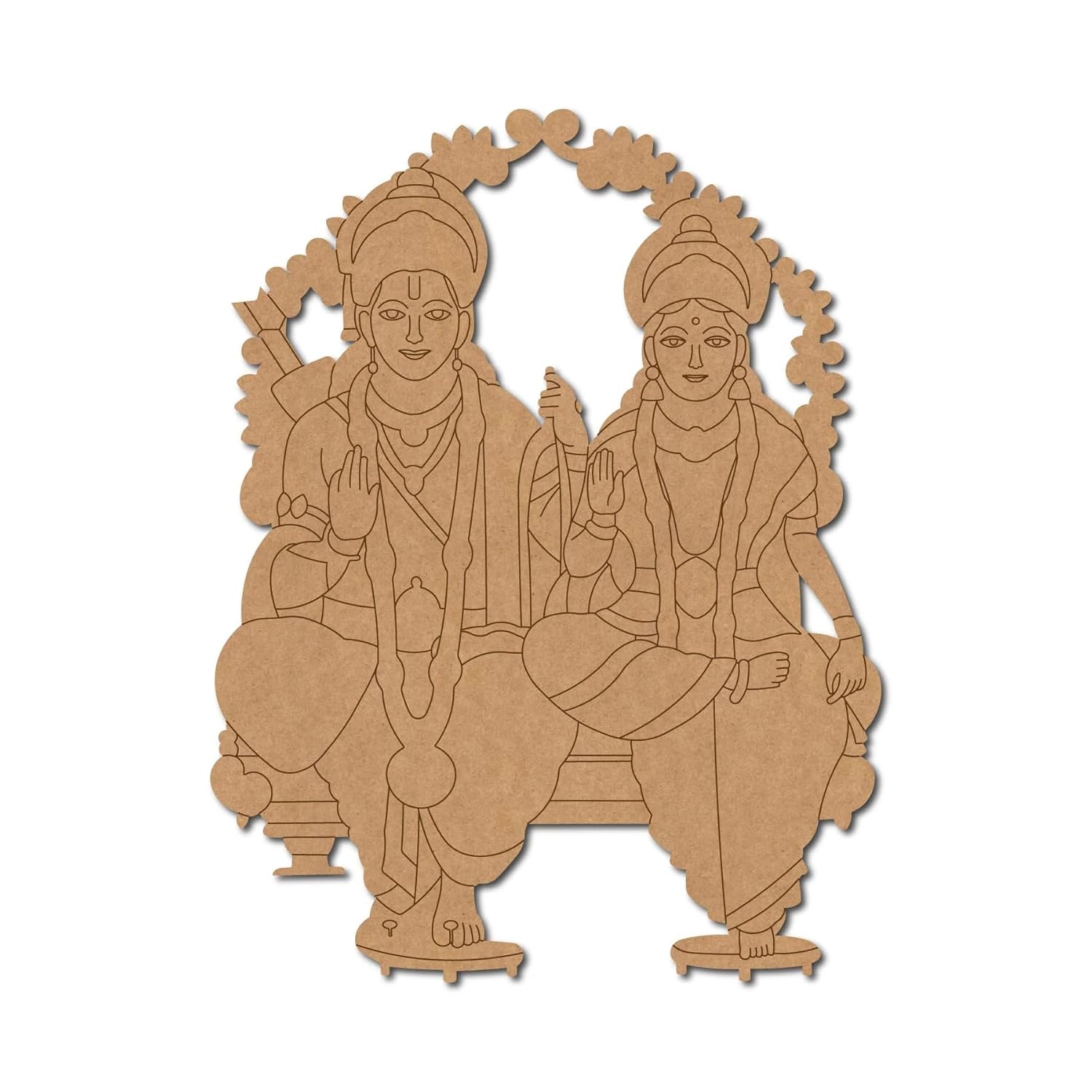 Wooden cutout of two seated figures with decorative elements on a white background