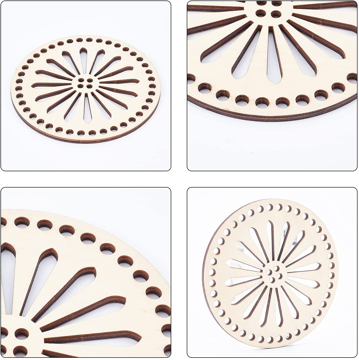 Four wooden coasters with decorative cut-out patterns on a white background