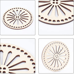 Four wooden coasters with decorative cut-out patterns on a white background