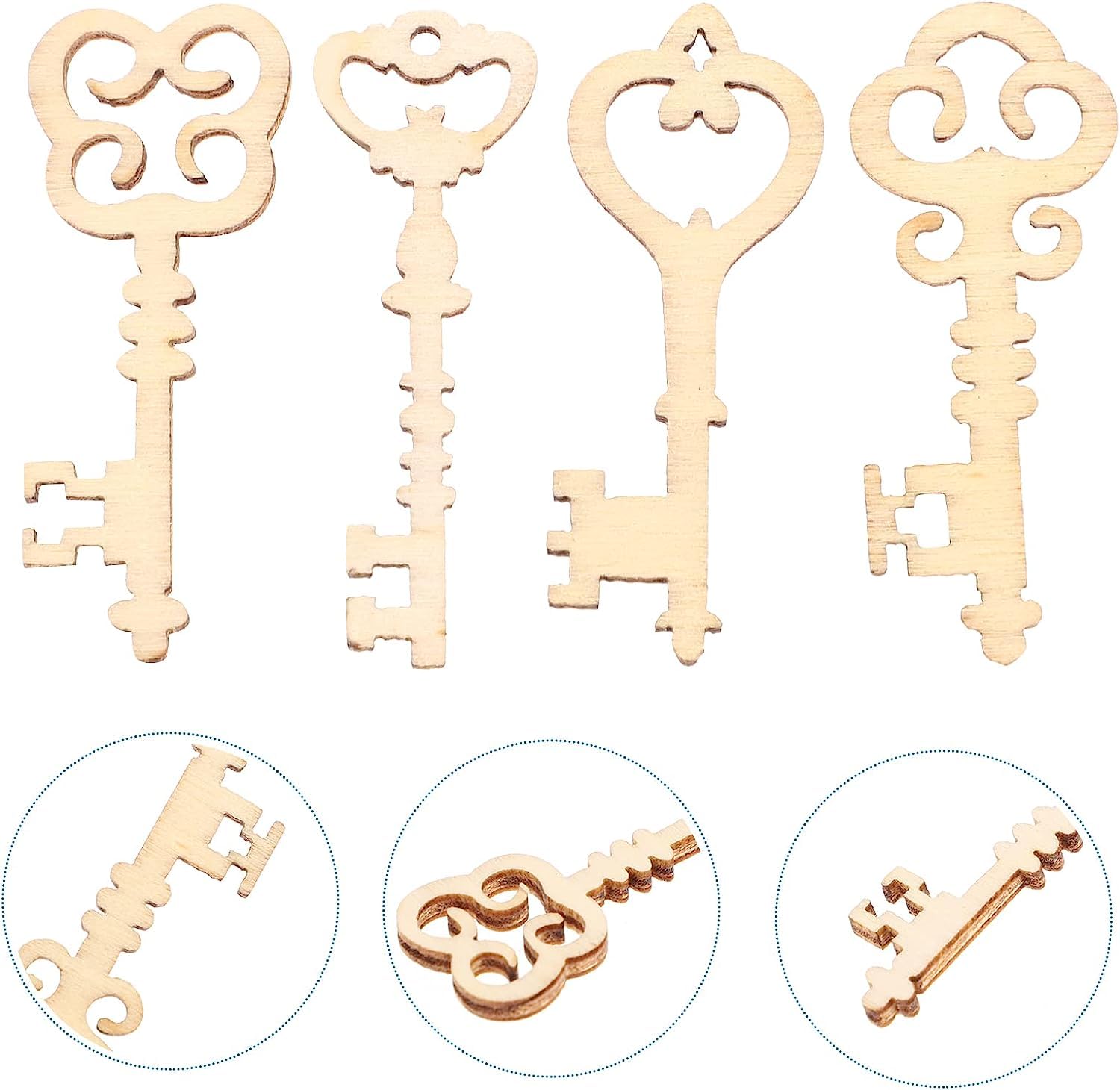 Set of four decorative wooden keys with intricate designs on a white background.