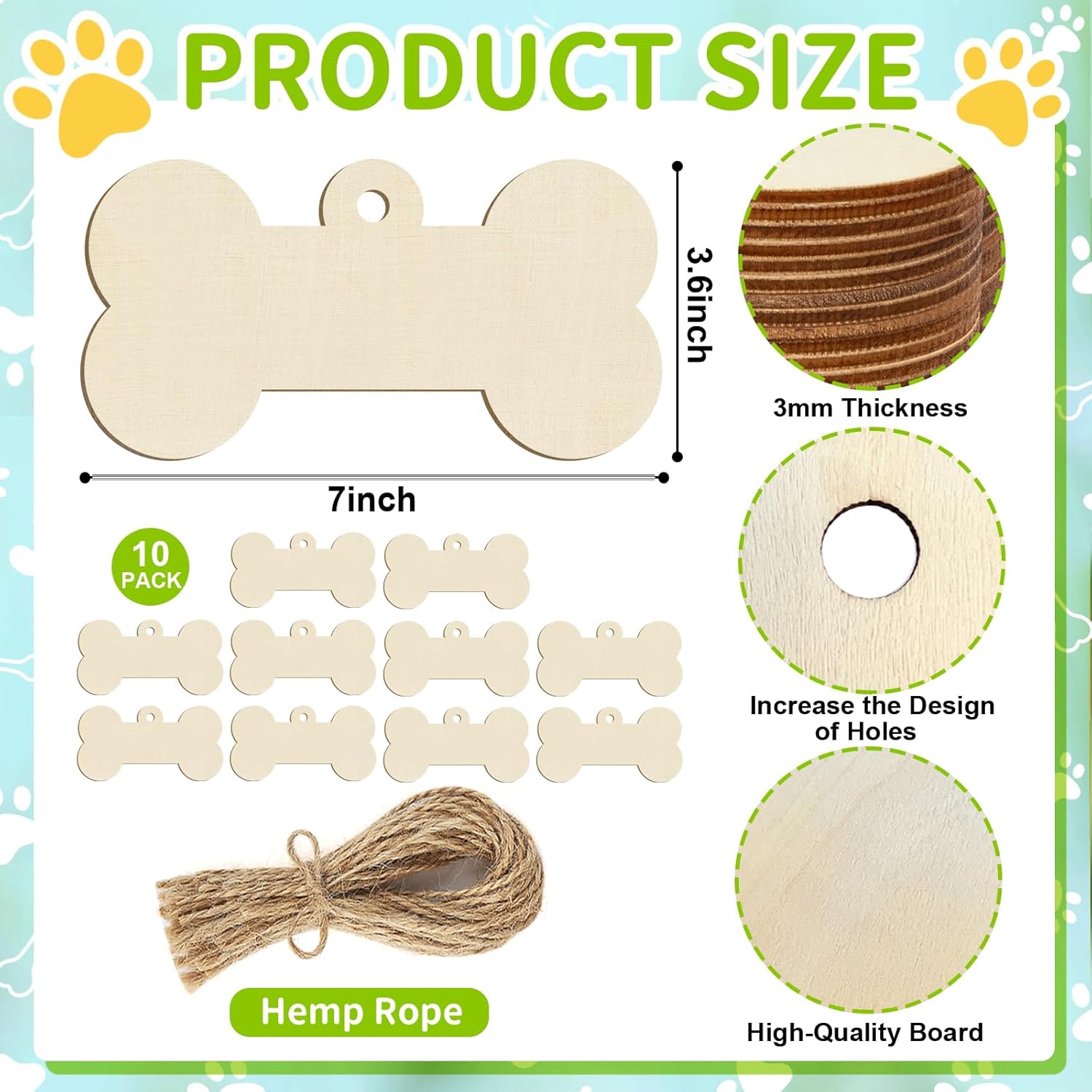 Dog bone-shaped wooden tags with hemp rope, showing product size and materials on a light blue background.