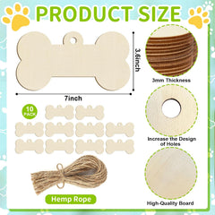 Dog bone-shaped wooden tags with hemp rope, showing product size and materials on a light blue background.