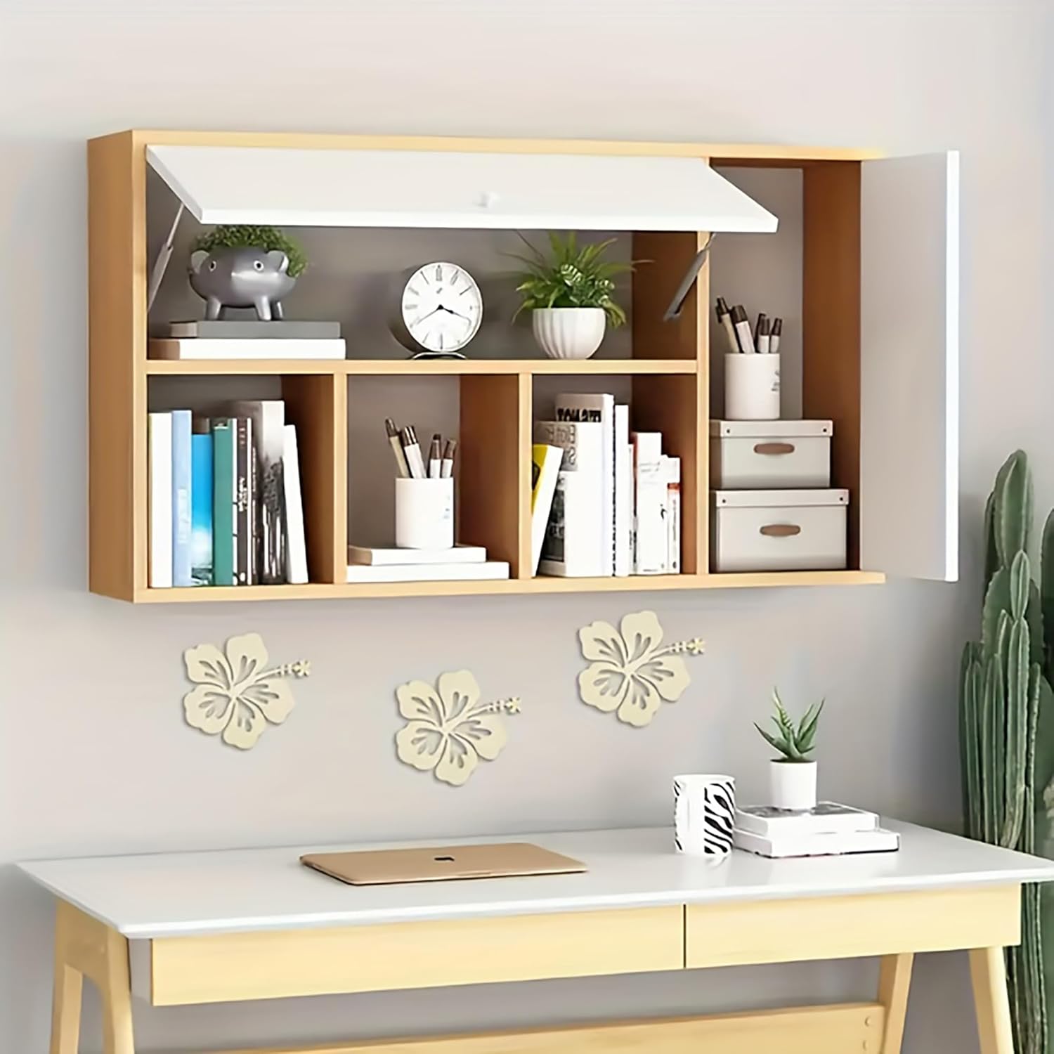 Wooden wall-mounted shelf with books, plants, and decor items above a desk.