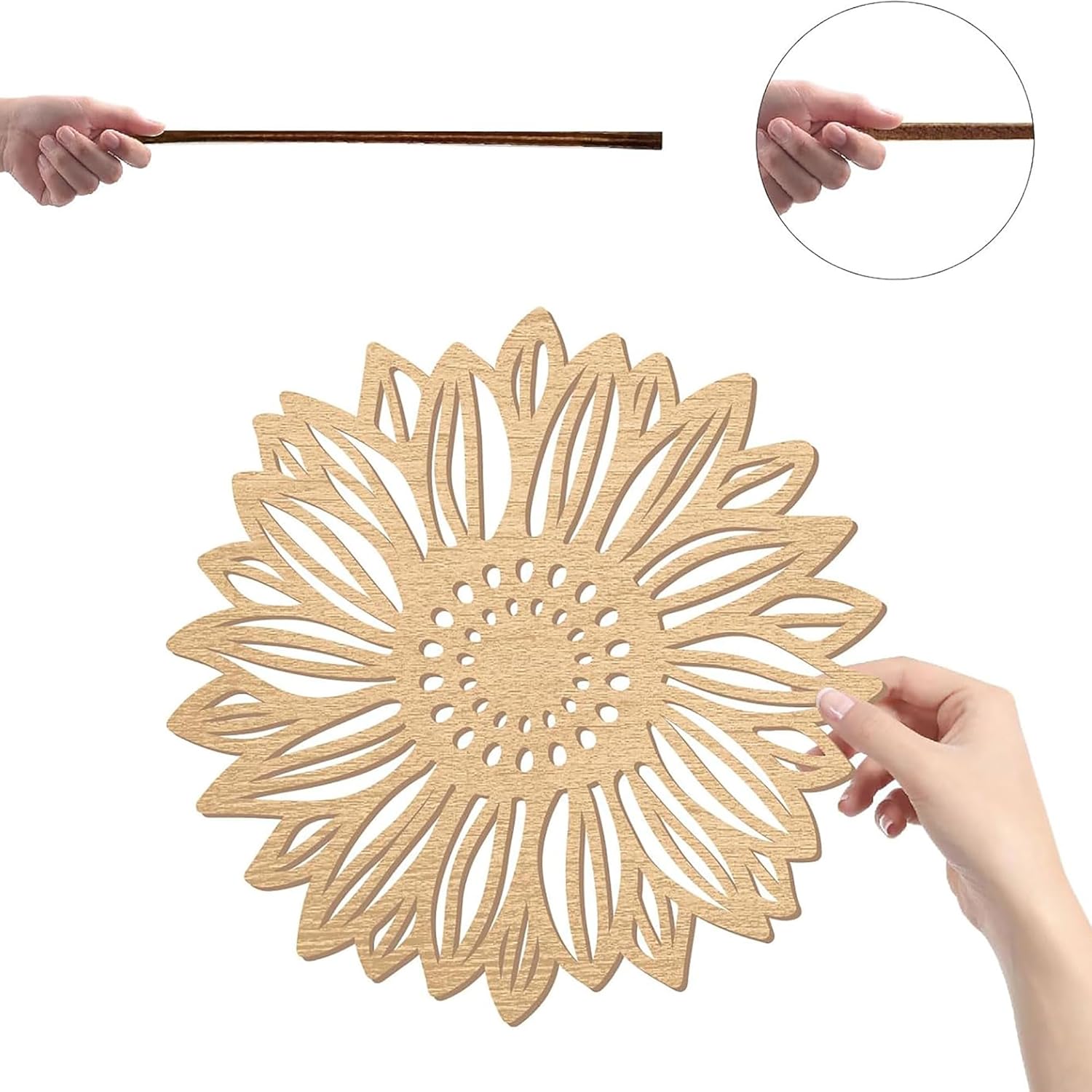 Wooden sunflower-shaped placemat held by hands with a close-up inset.