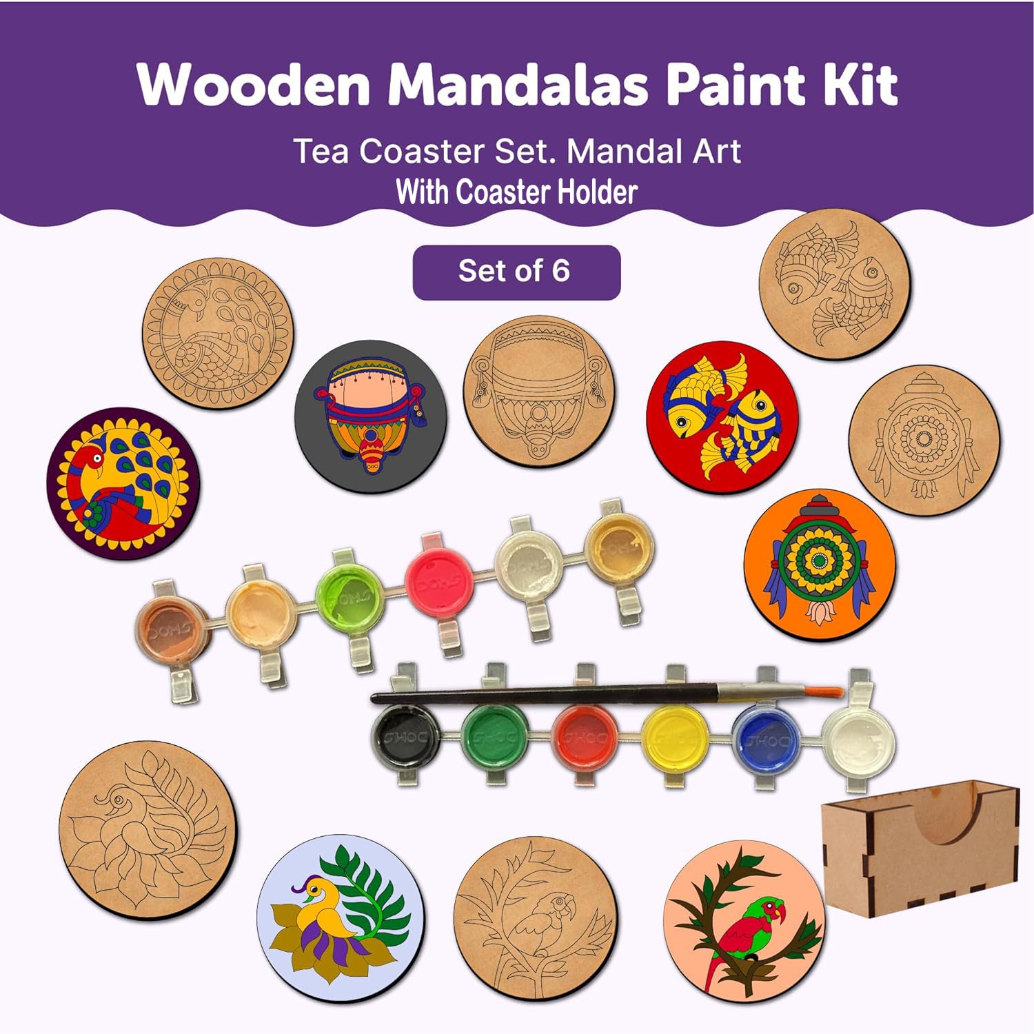 Wooden Mandalas Paint Kit with paint colors and tools on a white background