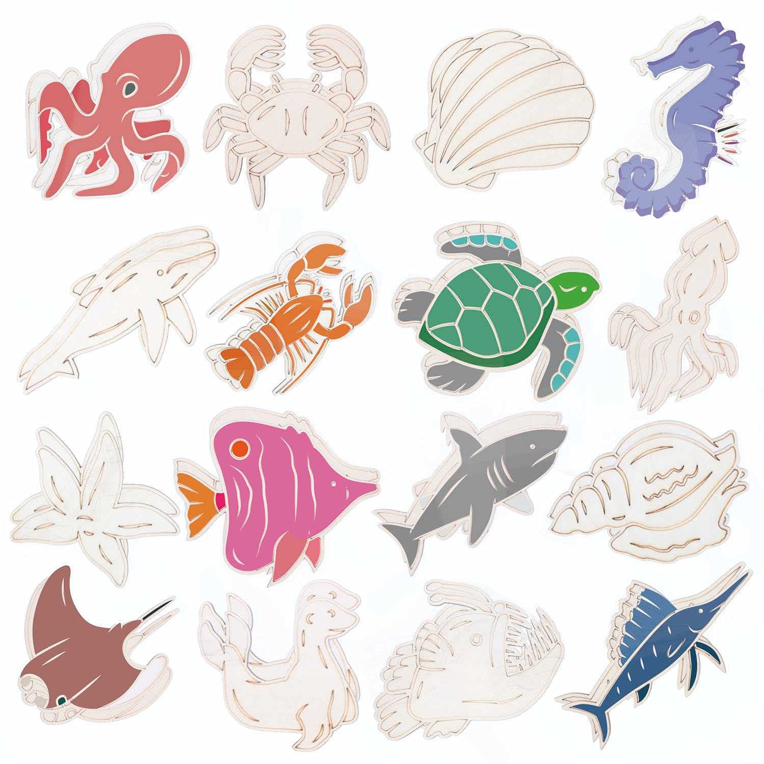 Set of colorful sea creature stickers on a white background