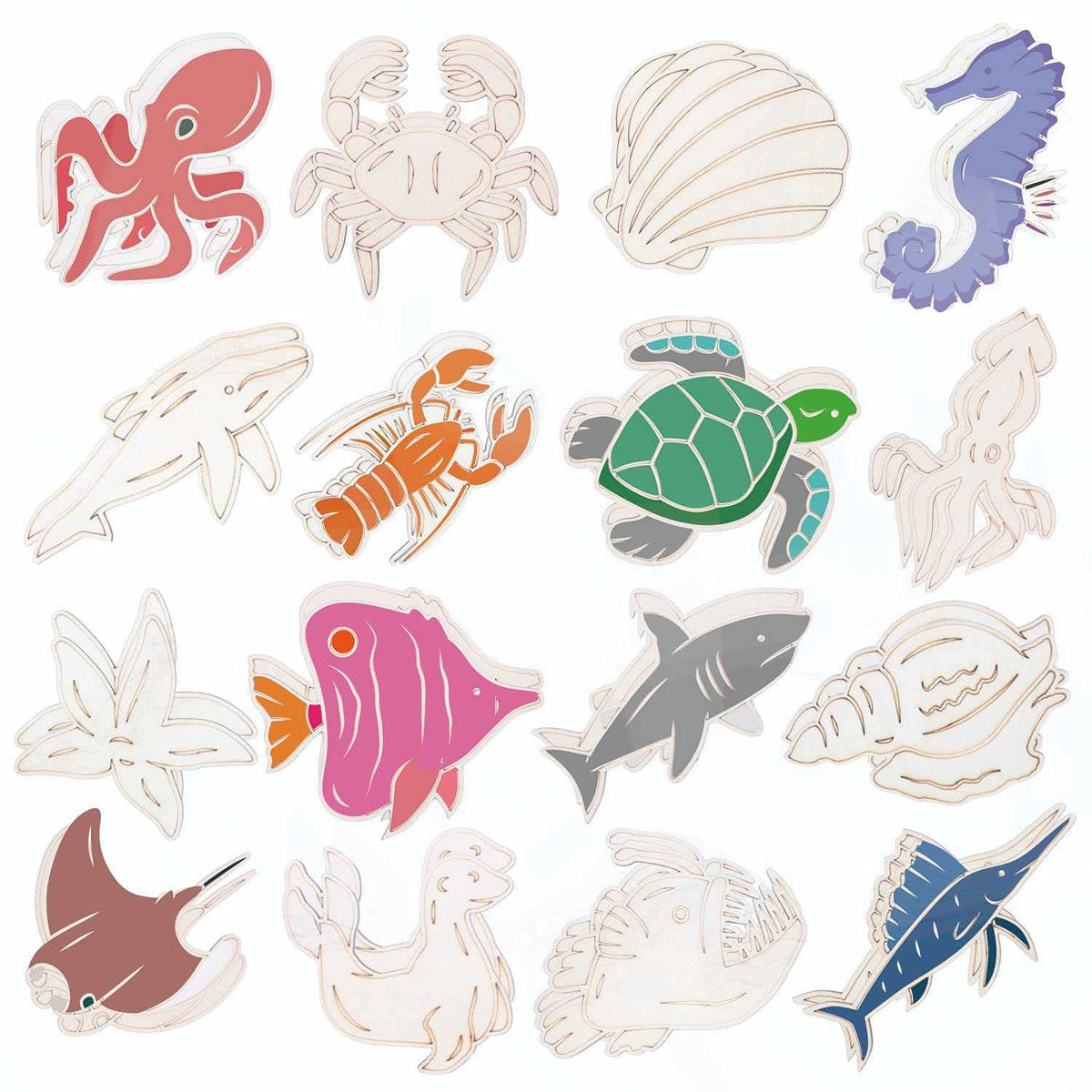 Set of colorful sea creature stickers on a white background