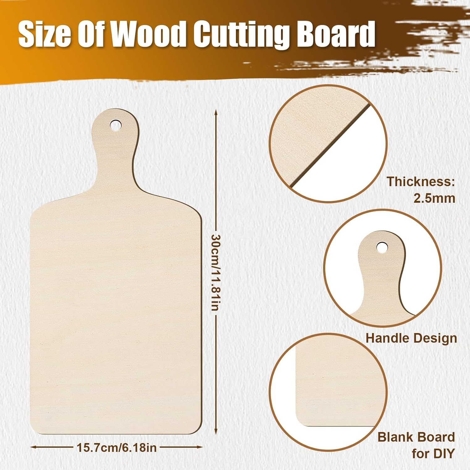 Wooden cutting board with measurements and design details on a white background