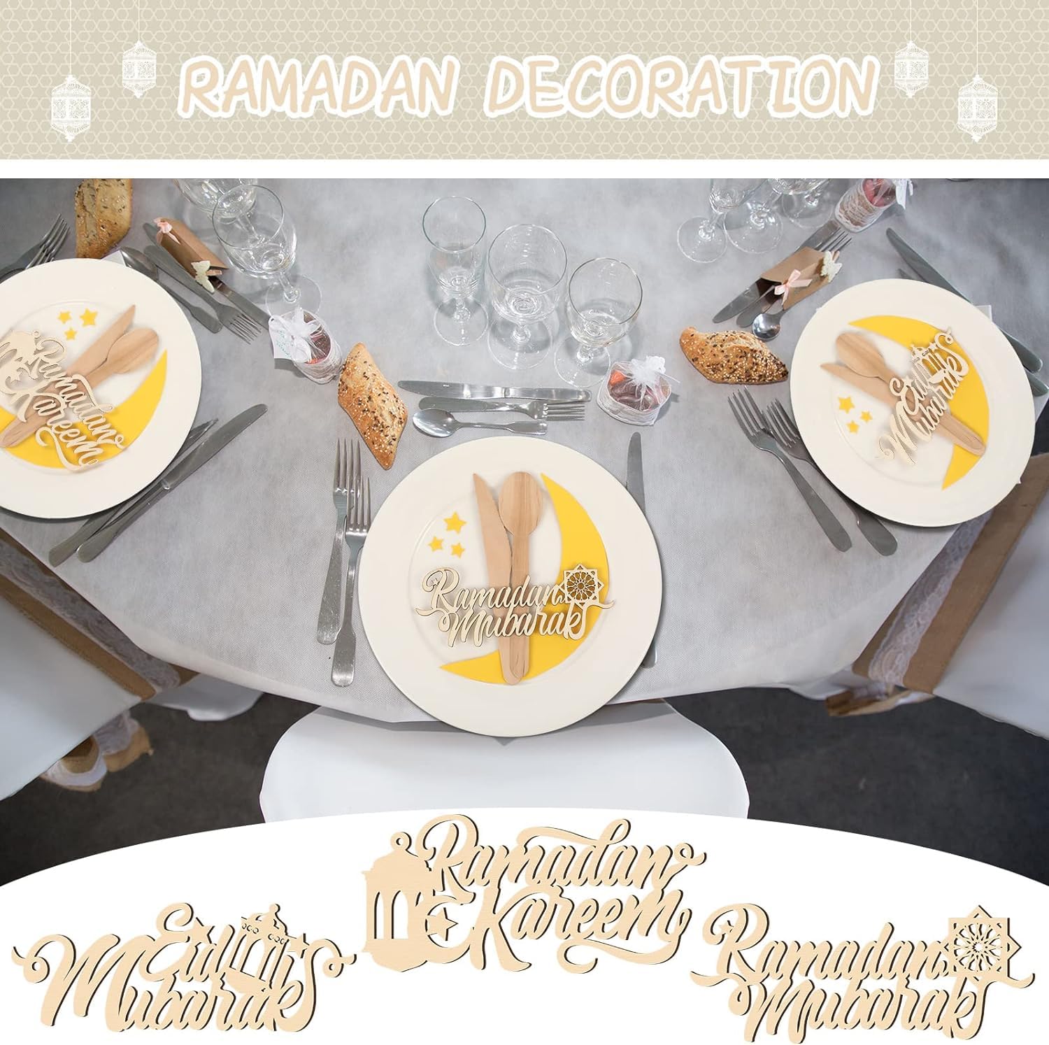 Table setting with 'Ramadan Mubarak' decorations on plates and cutlery.