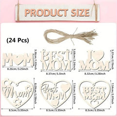 Product size chart for decorative items with 'Mom' and 'Best Mom' text on a pink background.
