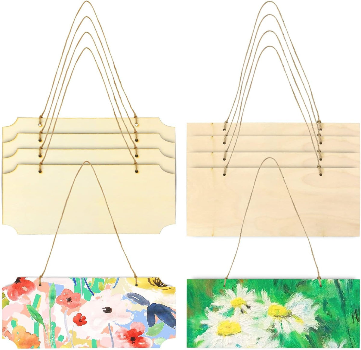 Two wooden boards with floral designs on colorful backgrounds