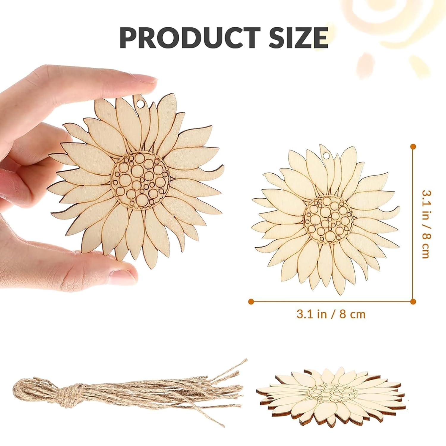 Wooden sunflower decorations with measurement details on a white background